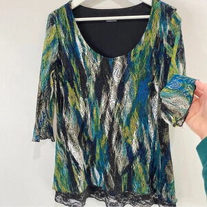 Clientele Watercolor Lace Overlay Frilly Blouse Size M